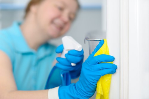 Cleaning staff maintaining shared hallway and lift area