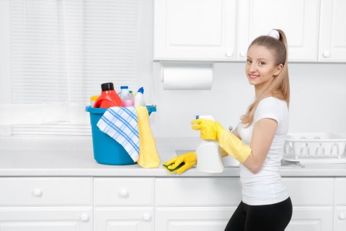 Professional commercial cleaner maintaining an office workspace