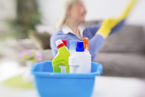 Cleaner scrubbing bathroom tiles during deep cleaning