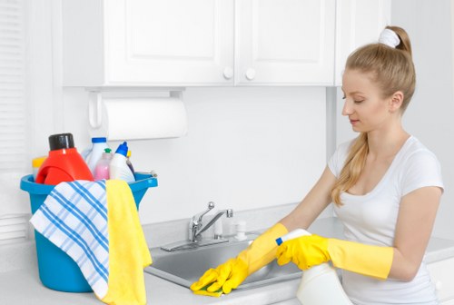Sanitized Airbnb bathroom with fresh towels and polished fixtures